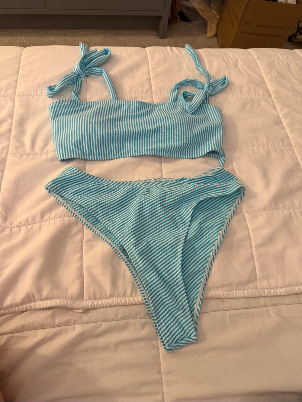 SHEIN Swim Mod Blue White Striped Shoulder Knot Bikini Set M